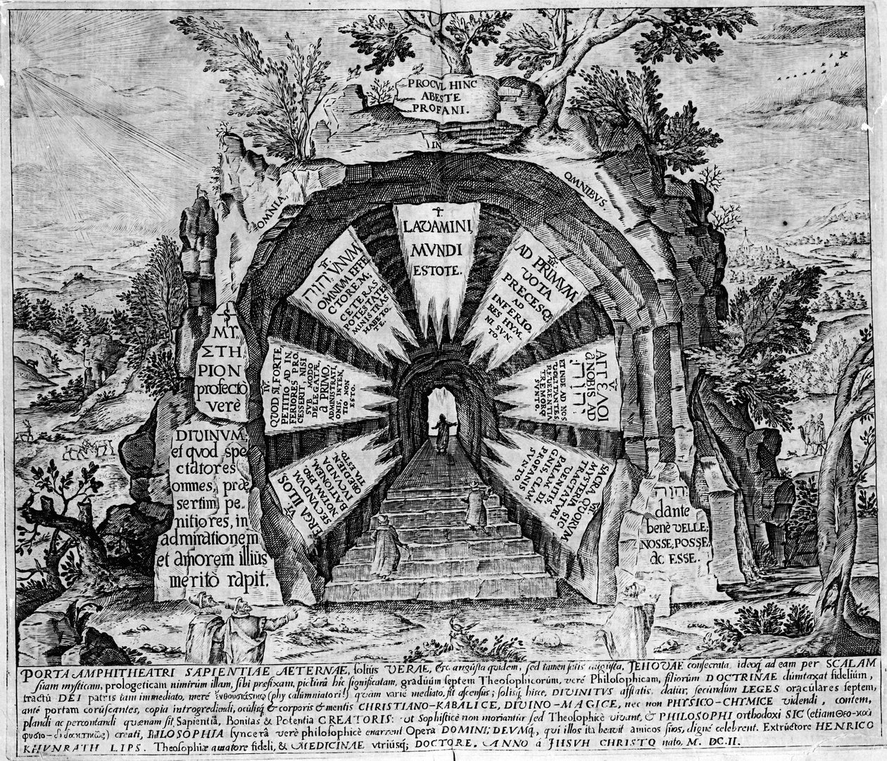 Representación de la entrada de la Casa de los Misterios, simbólica de la vida eterna. Grabado del “Amphitheatrum sapientiae aeternae”. de Unknown artist