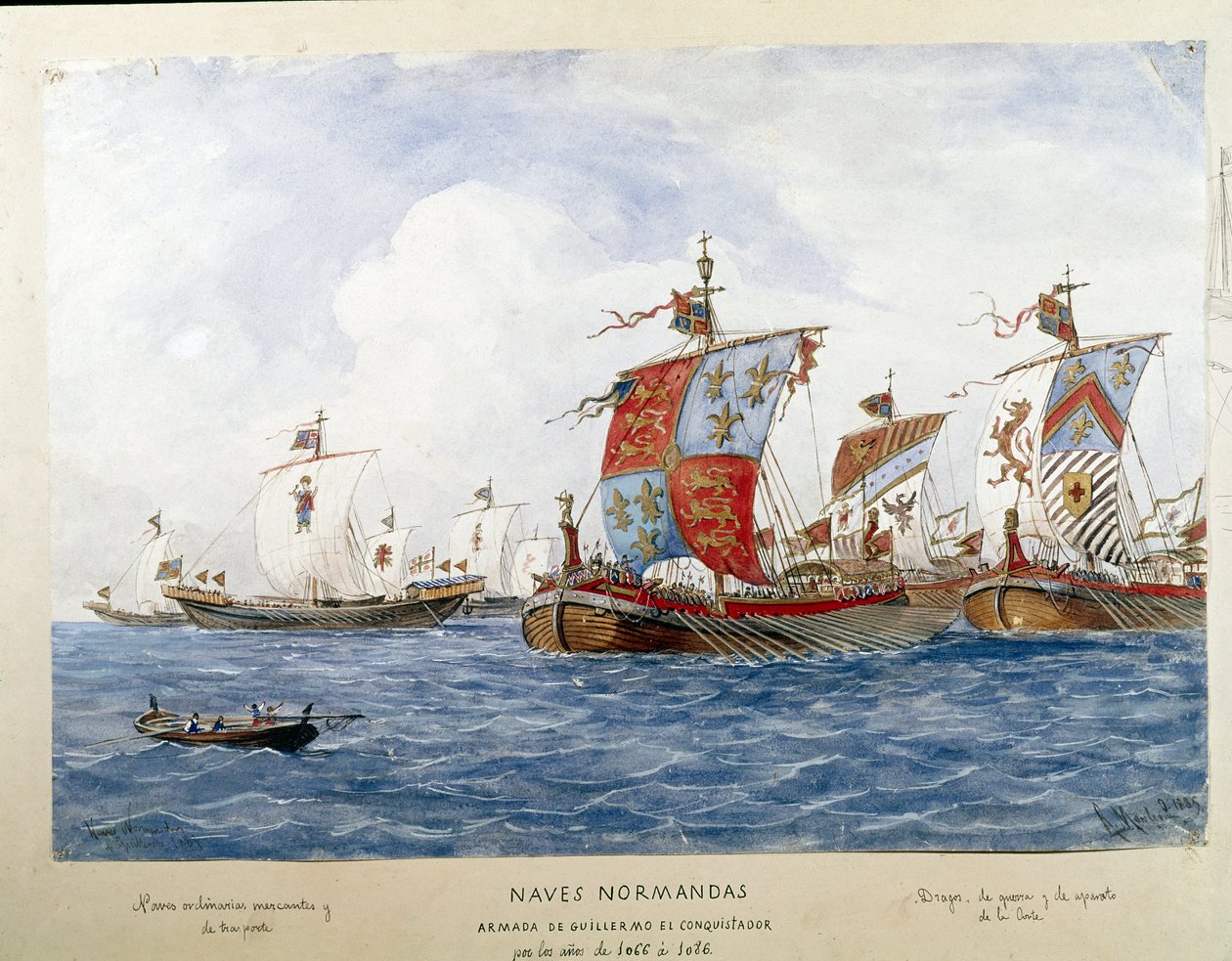 Representación de la flota de Guillermo el Conquistador en el siglo XI, barcos de guerra, comercio, transporte de pasajeros (Acuarela) de Unknown artist