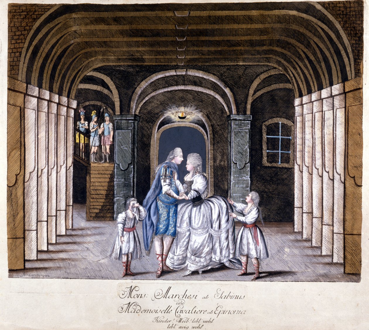 Representación de la ópera “Giulio Sabino” de Giuseppe Sarti (1729-1802) en Viena en 1785. En el escenario Caterina (Katharina) Cavalieri y el castrado Luigi Marchesi. Milán de Unknown artist
