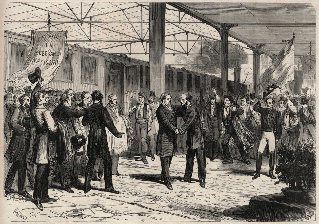 Revolución de septiembre de 1868 en España (Gloriosa): llega Salustiano Olozaga (1805-1873) a Madrid. Grabado en “L