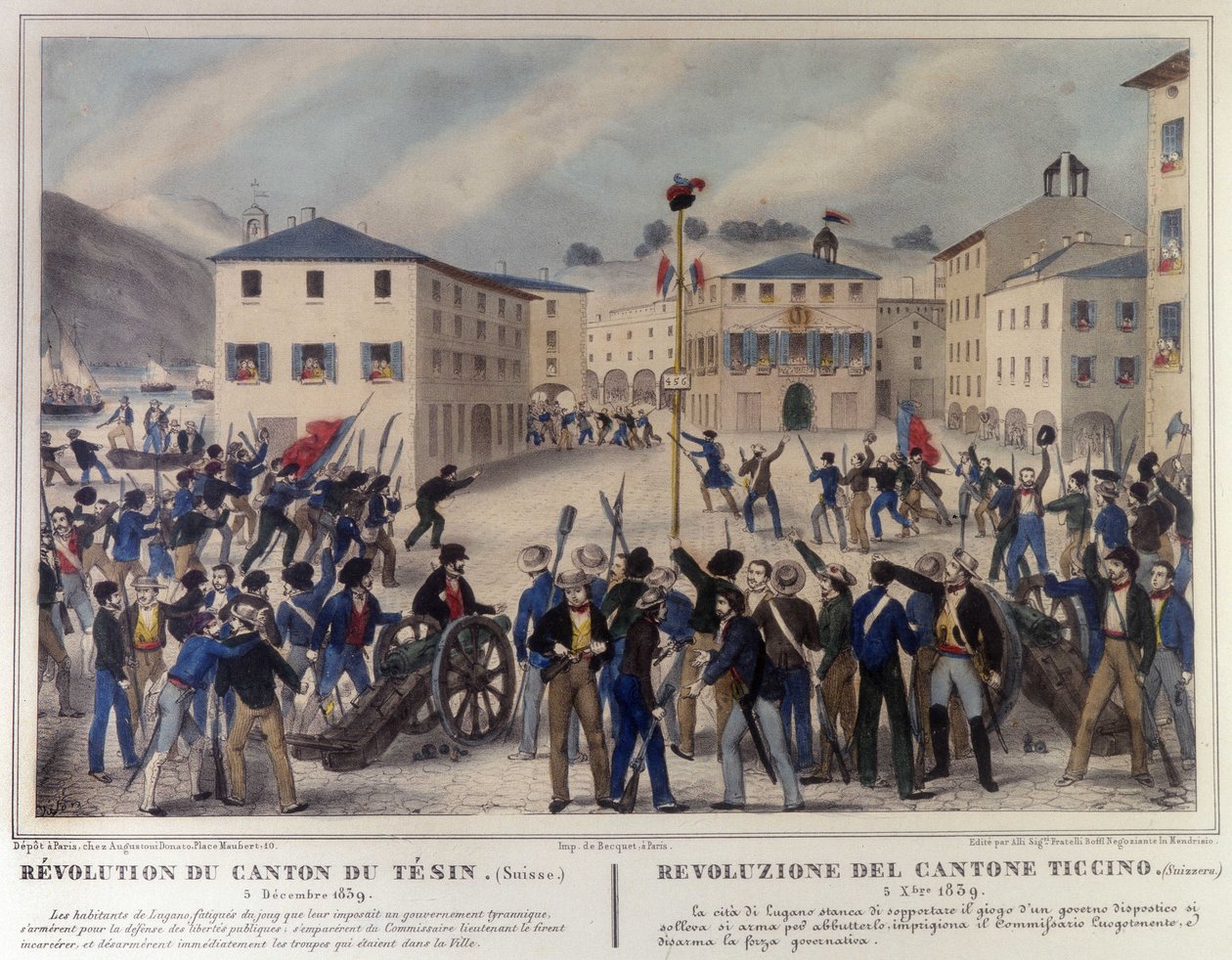 Revolución del Cantón de Ticino en Suiza el 5 de diciembre de 1859. Grabado del siglo XIX. de Unknown artist