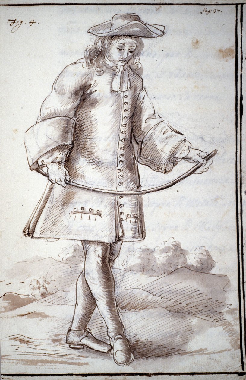 Rhabdomancia: tratado titulado "la física oculta o tratado de la vara divina y sus usos para el descubrimiento de fuentes de agua, minas..." por el Abad de Vallemont: diferentes formas de usar la vara del buscador. Manuscrito del siglo XVIII. de Unknown artist