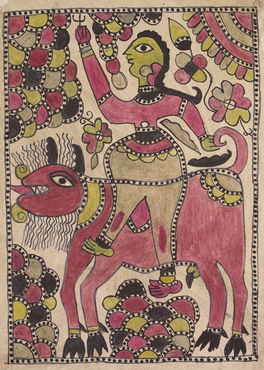 Jinete y criatura bovina de cuatro patas en paleta malva, chartreuse y negra de Unknown artist