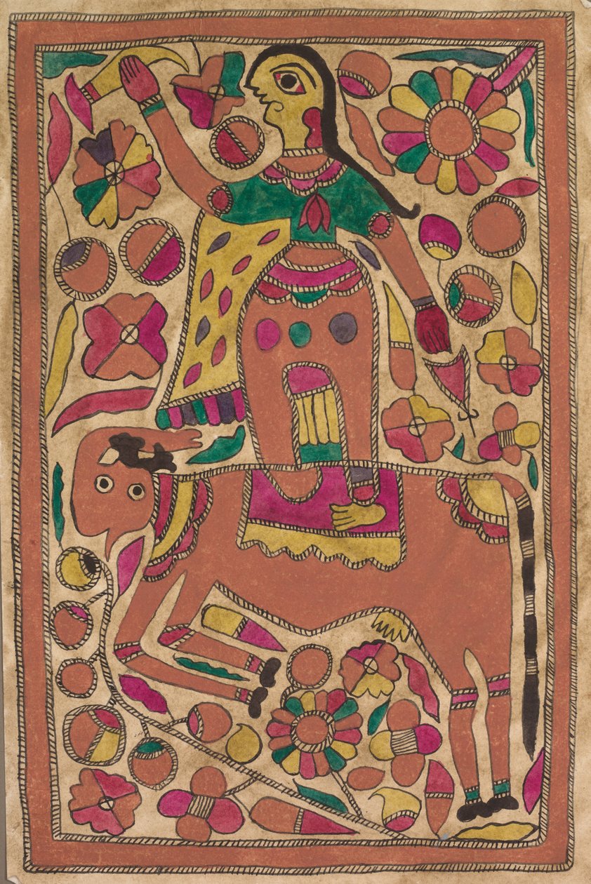 Jinete y criatura de cuatro patas con motivo floral. de Unknown artist