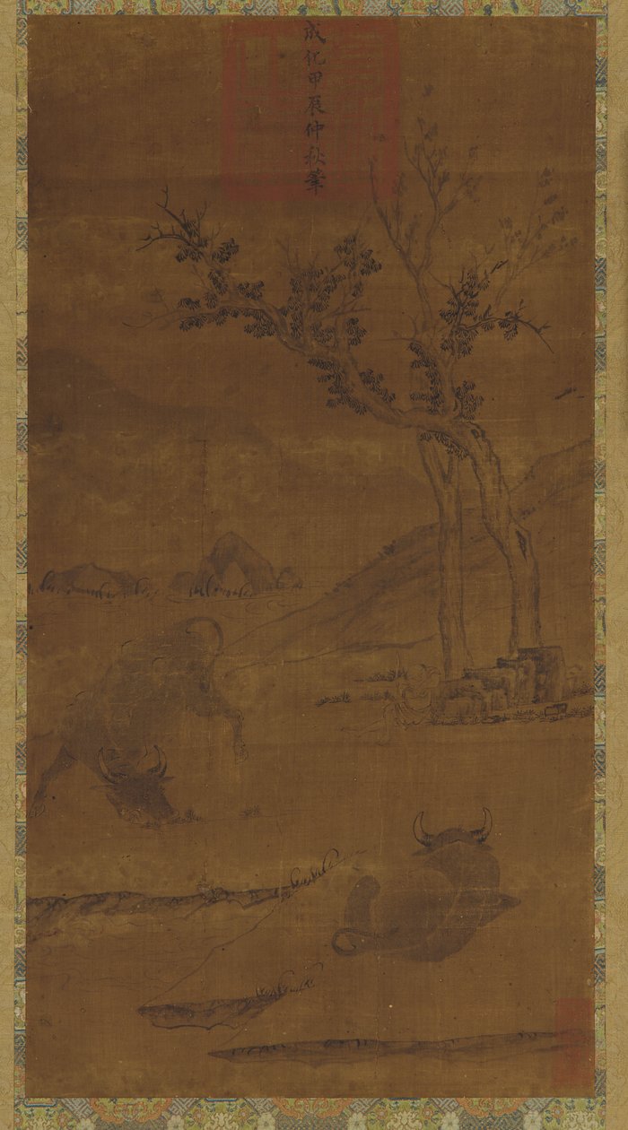 Paisaje fluvial: Dos búfalos de agua y un pastor durmiendo de Unknown artist