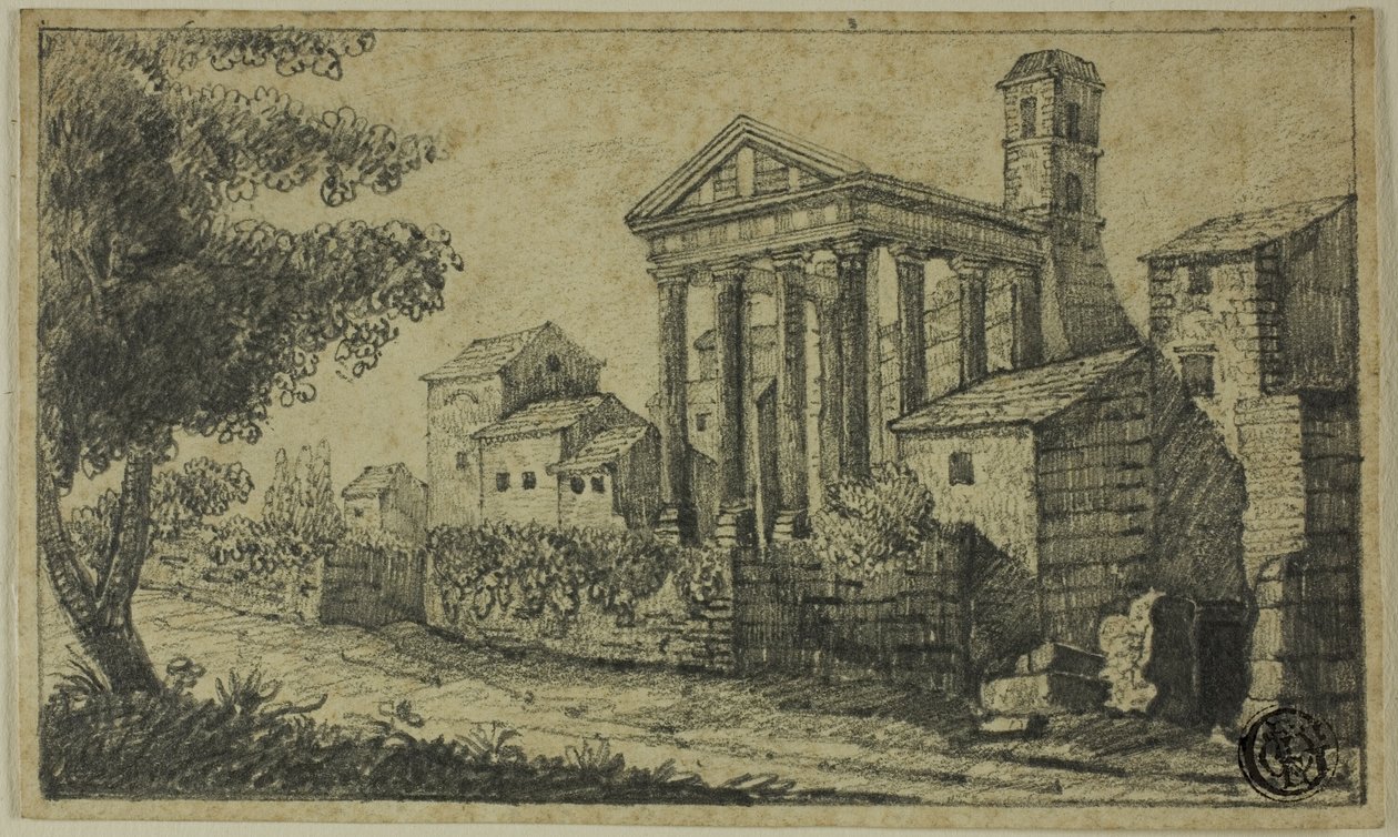 Paisaje fluvial con templo romano de Unknown artist