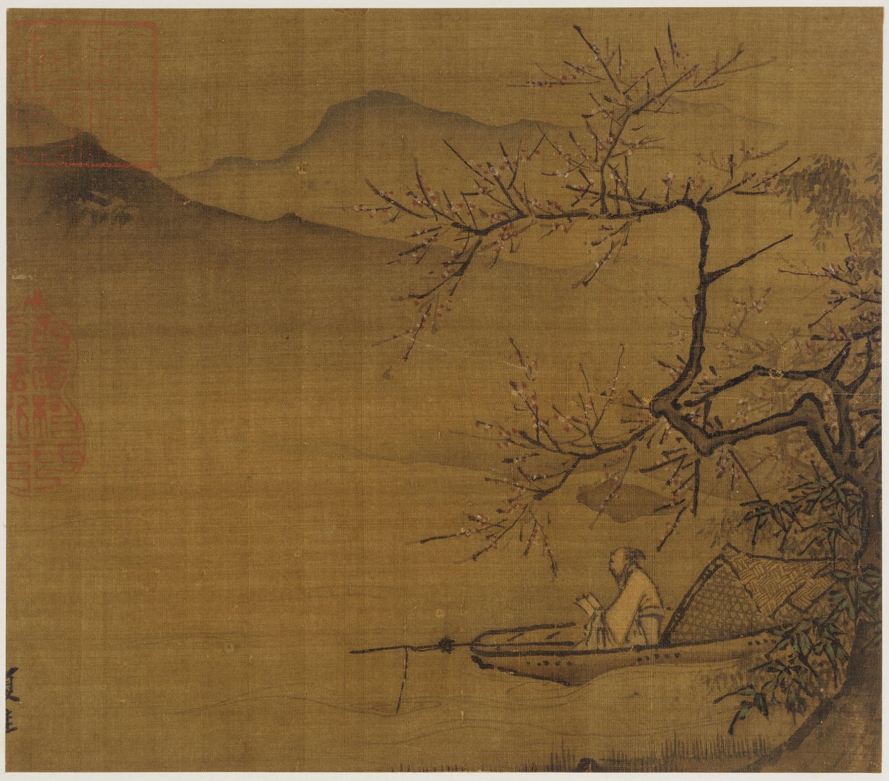 Paisaje fluvial: un hombre leyendo en un bote amarrado bajo un árbol en flor de Unknown artist