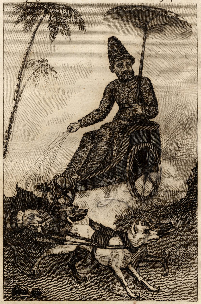 Robinson Crusoe en su carro tirado por seis perros, grabado insertado en “Las aventuras de Robinson Crusoe” de Daniel Defoe de Unknown artist