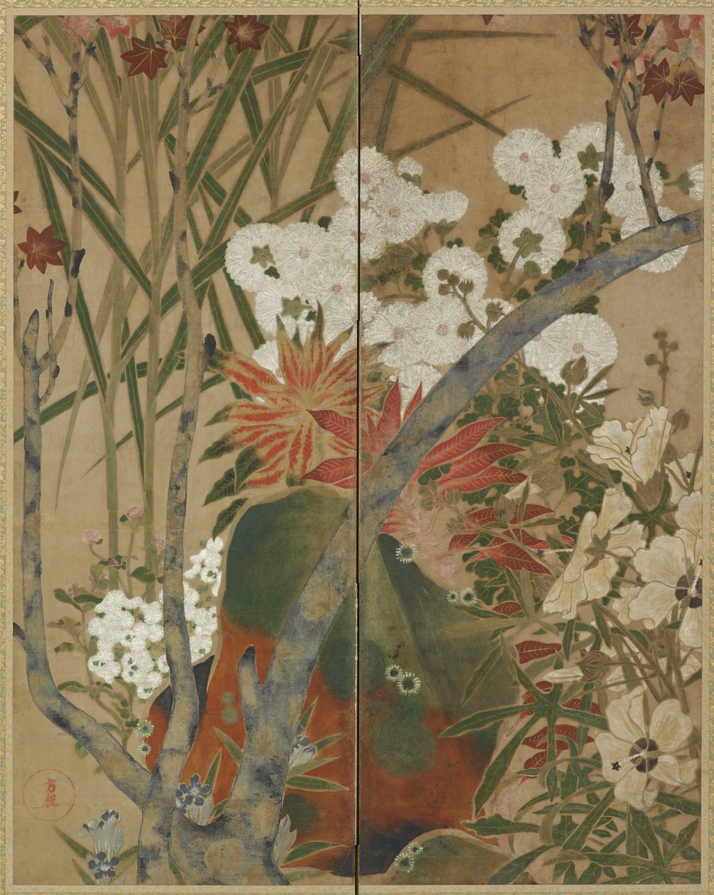 Roca, retoños y flores de otoño de Unknown artist