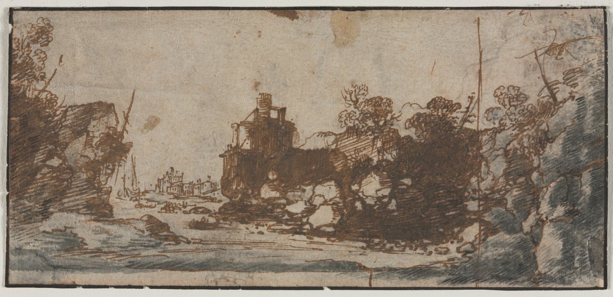 Entrada Rocosa con Barcos y Edificios (recto) de Unknown artist
