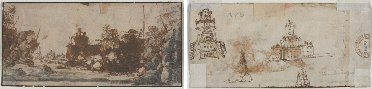 Entrada rocosa con barcos y edificios (recto); Bocetos de castillos (verso) de Unknown artist
