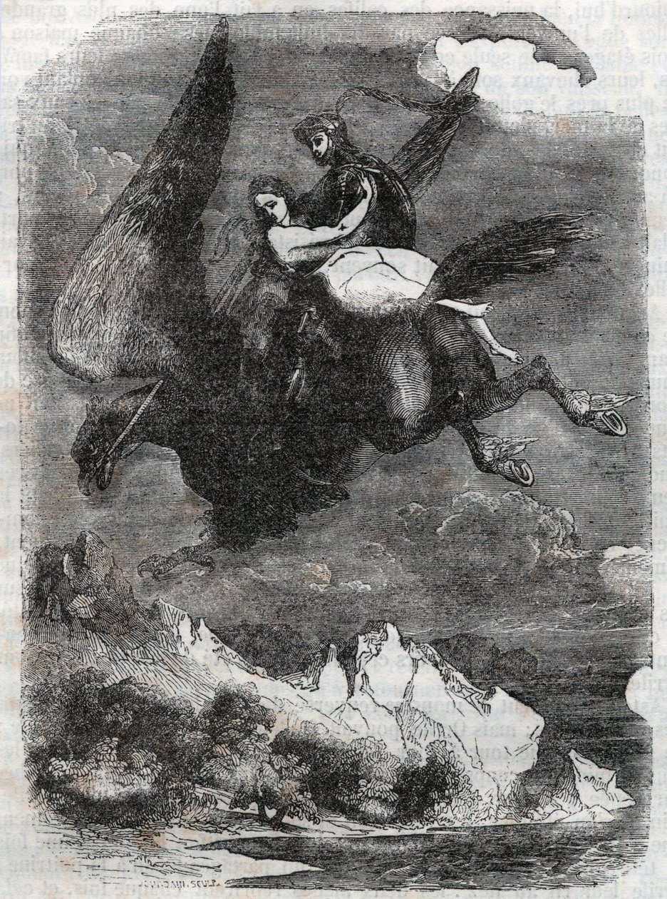 Ruggero y Angélica en el hipogrifo - grabado de 1851 de 