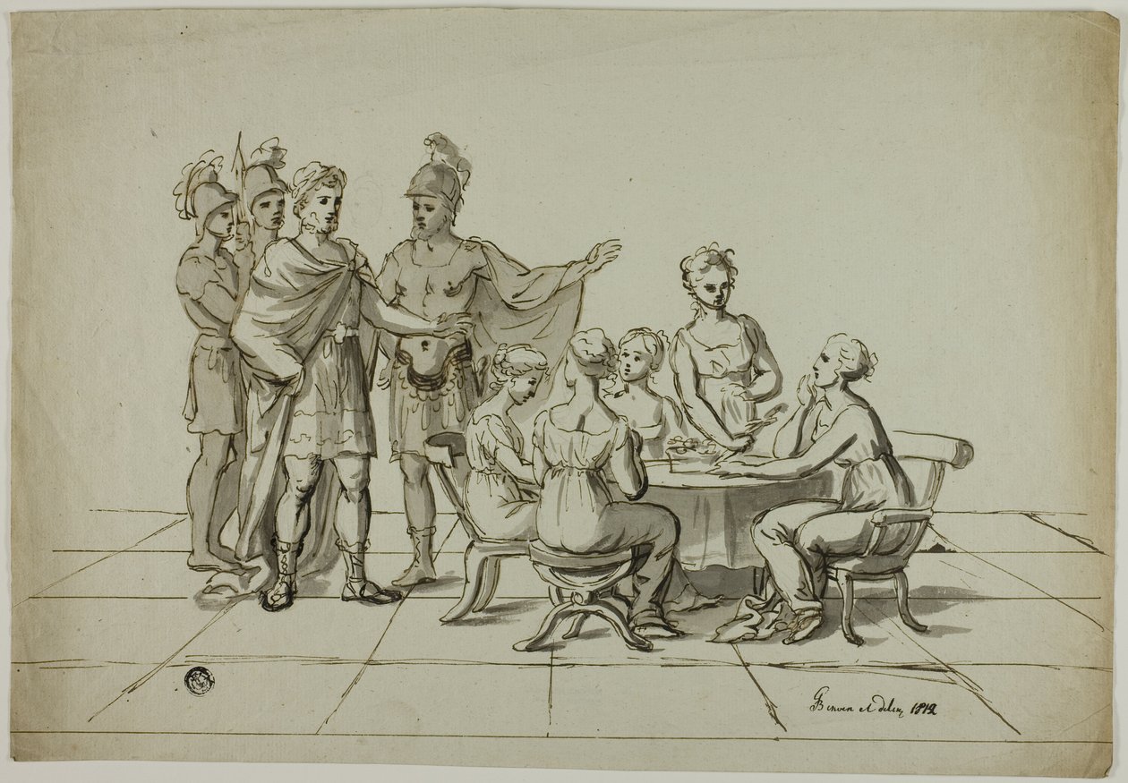 Emperador romano acercándose a un grupo de mujeres sentadas en una mesa de Unknown artist