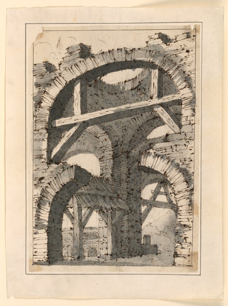 Arcos de piedra tosca reforzados con vigas de madera de Unknown artist