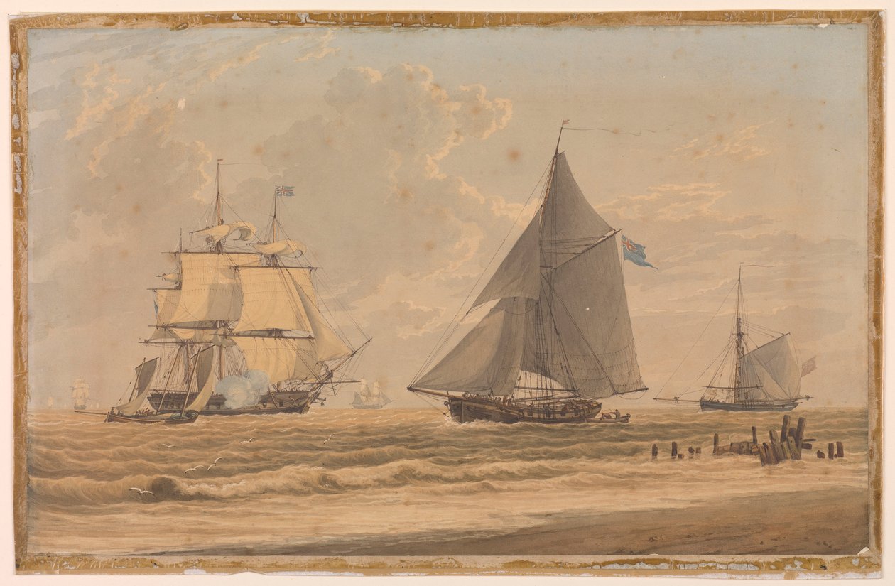 Velero de la Royal Navy en la costa, principios del siglo XIX (acuarela) de Unknown artist