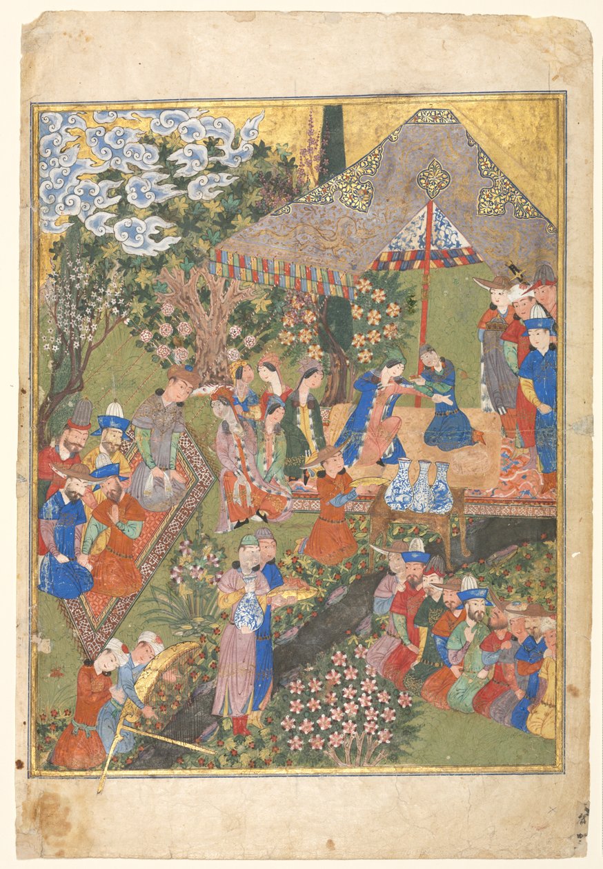 Recepción real en un paisaje, folio derecho de una portada doble de un Shahnama (Libro de los Reyes) de Firdausi (940-1019 o 1025) de Unknown artist