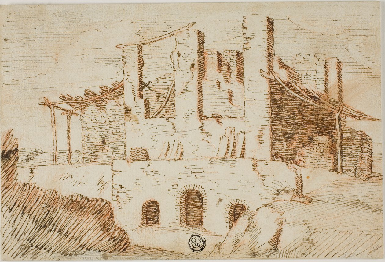 Ruinas con Cobertizo de Granja de Unknown artist