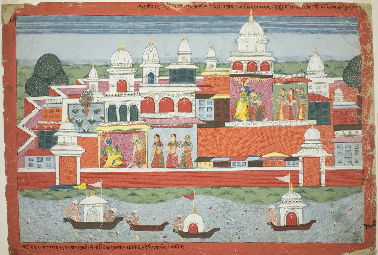 Rukmini pide permiso a Krishna para visitar a su hermano Rukma, página de un manuscrito disperso del Bhagavata Purana de Unknown artist