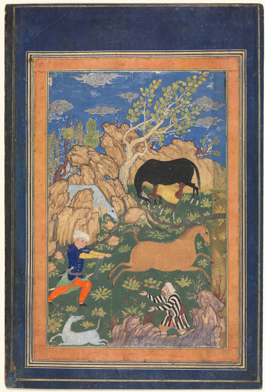 Rustam Lassoing his Horse, Rakhsh, in a Landscape (recto) de Unknown artist