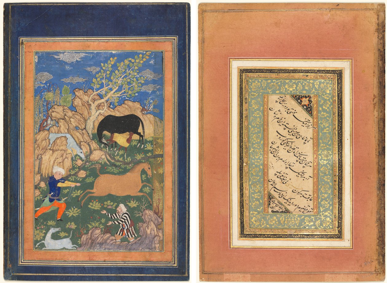 Rustam Lassoing his Horse, Rakhsh, in a Landscape (recto); Calligraphy, Persian Verses (verso) de Unknown artist