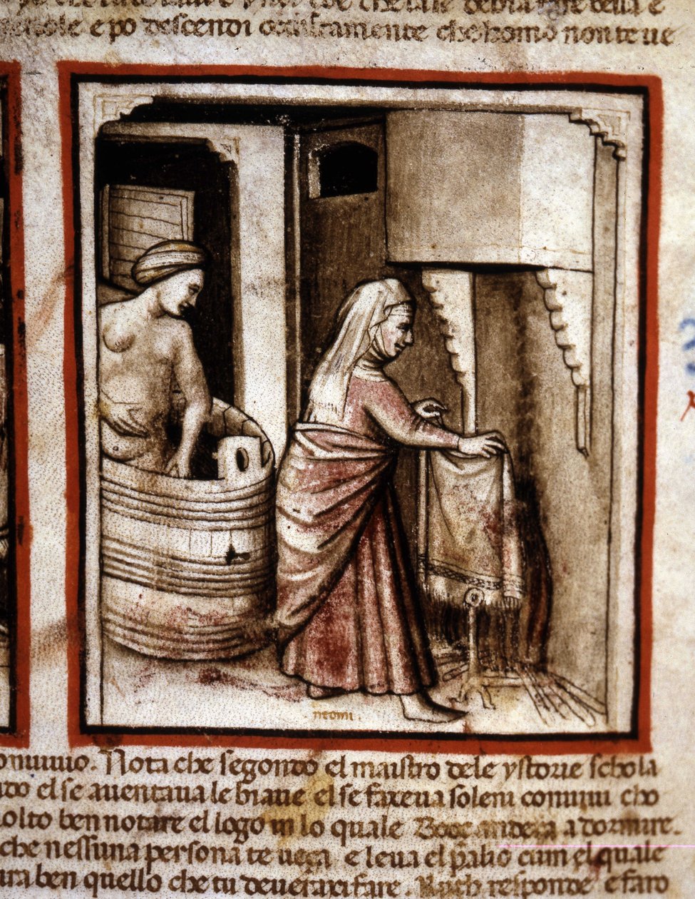 Rut se arregla con la ayuda de su suegra Noemí antes de dormir en la cama de su esposo Booz. Libro de Rut. Miniatura del códice 212 (o códice padovano o Biblia de Padua) 1390-1400 Rovigo, Accademia dei Concordi de Unknown artist