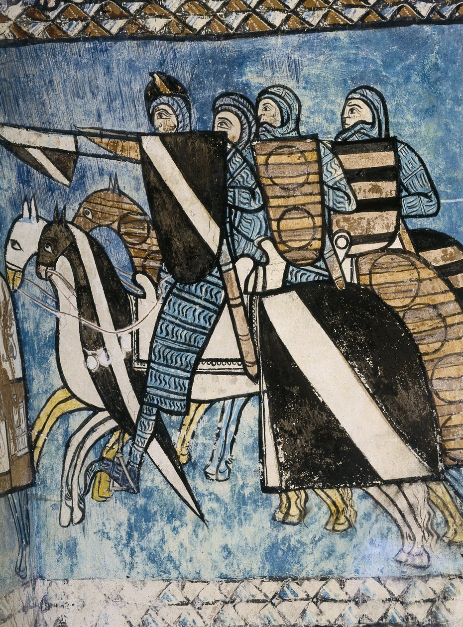 ESPAÑA. CASTILLA Y LEÓN. Valladolid. Monasterio de San Bernardo de Valbuena. Ejército castellano, grupo de soldados cristianos a caballo. Pintura al fresco del s. XIV sobre "La Reconquista". Arte gótico de Unknown artist