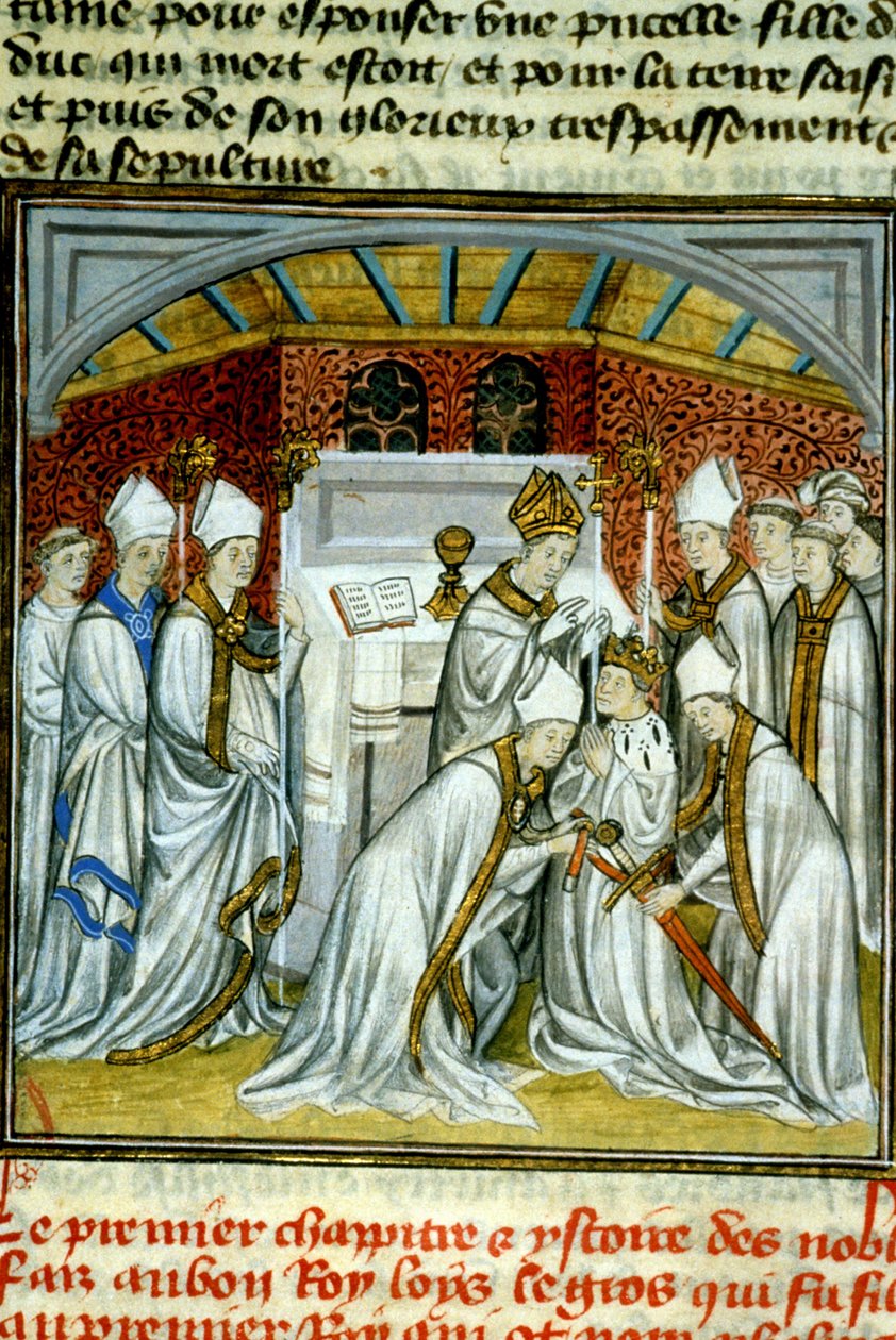 Coronación de Luis VI (1108) - Iluminación de manuscrito en vitela de la Edad Media “Grandes Crónicas de Saint-Denis” finales del siglo XIV de Unknown artist