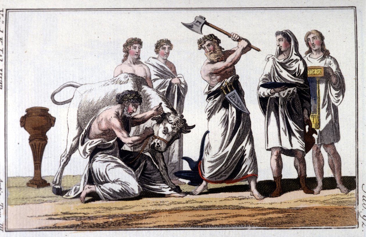 Sacrificio de un toro entre los celtas. Grabado del siglo XIX. de Unknown artist