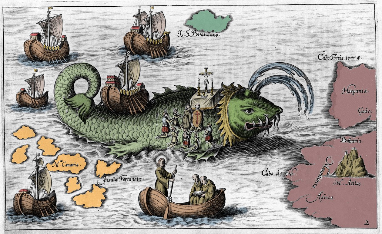 San Brendan (Brandan), héroe y santo irlandés del siglo VI, celebrando misa en la espalda de la ballena gigante Jasconius. Leyenda dice que su barco fue llevado en la espalda de una ballena. Grabado colorido del siglo XVII de Unknown artist
