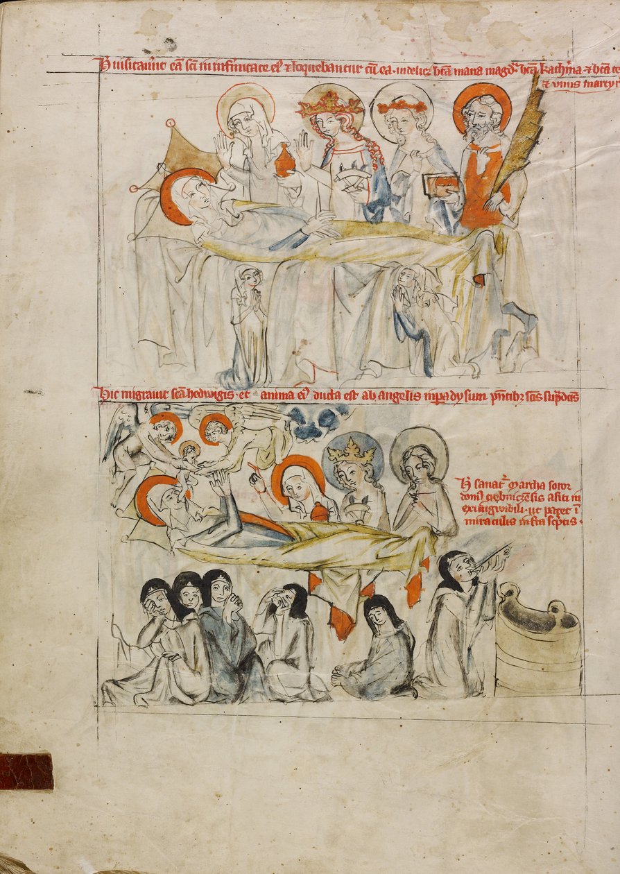 Santa Eduviges en su lecho de enferma rodeada de santos; la muerte de Santa Eduviges y su alma recibida en el paraíso de Unknown artist