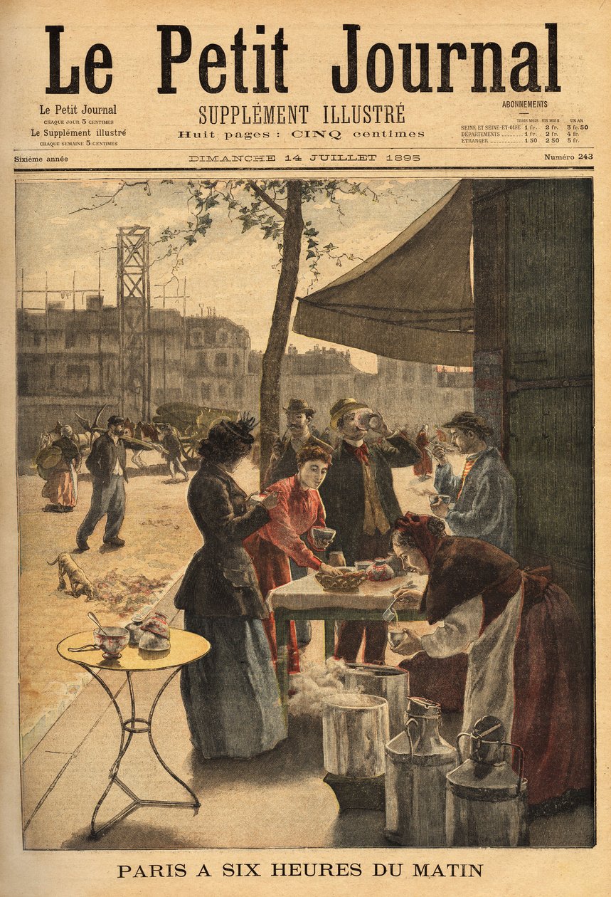 Vendedora de sopa y café con leche, bajo las puertas cocheras a las 6 am para el desayuno al aire libre de los trabajadores parisinos. Grabado en "Le petit journal" 14/07/1895. Colección de Selva. de Unknown artist