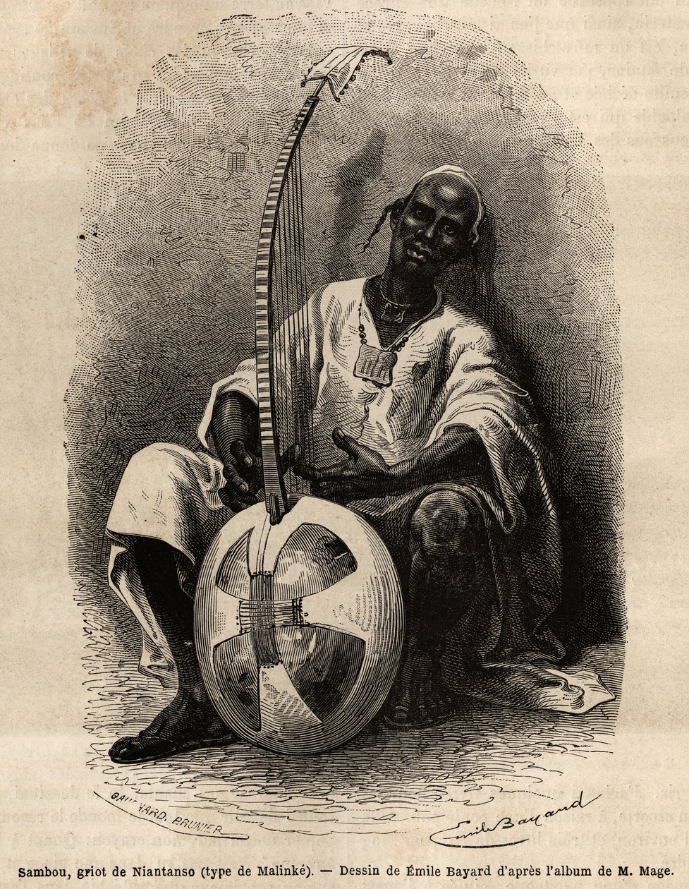 Sambou, el griot de Niantanso (Malí) (tipo Malinke: lengua de África Occidental (Guinea, Senegal, Malí y Costa de Marfil), poeta, músico, historiador y narrador, el griot es el depositario de la memoria colectiva de un pueblo. Grabado para ilustrar la hist de Unknown artist