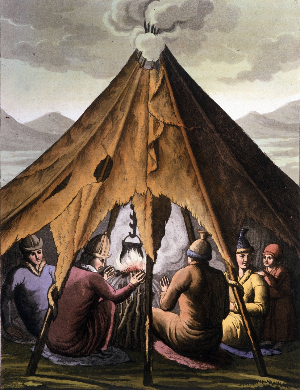 Pueblo Sami: personas indígenas viviendo en las tierras de los países del norte (Noruega, Finlandia, Suecia y Rusia) reunidas alrededor de un fuego bajo una tienda de Unknown artist