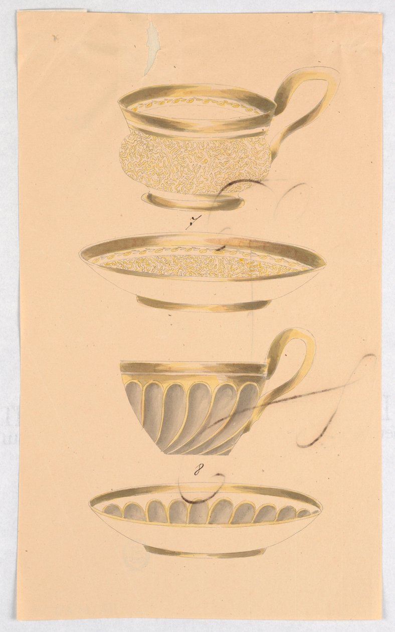 Hoja de muestra, dos diseños para tazas y platillos de Unknown artist