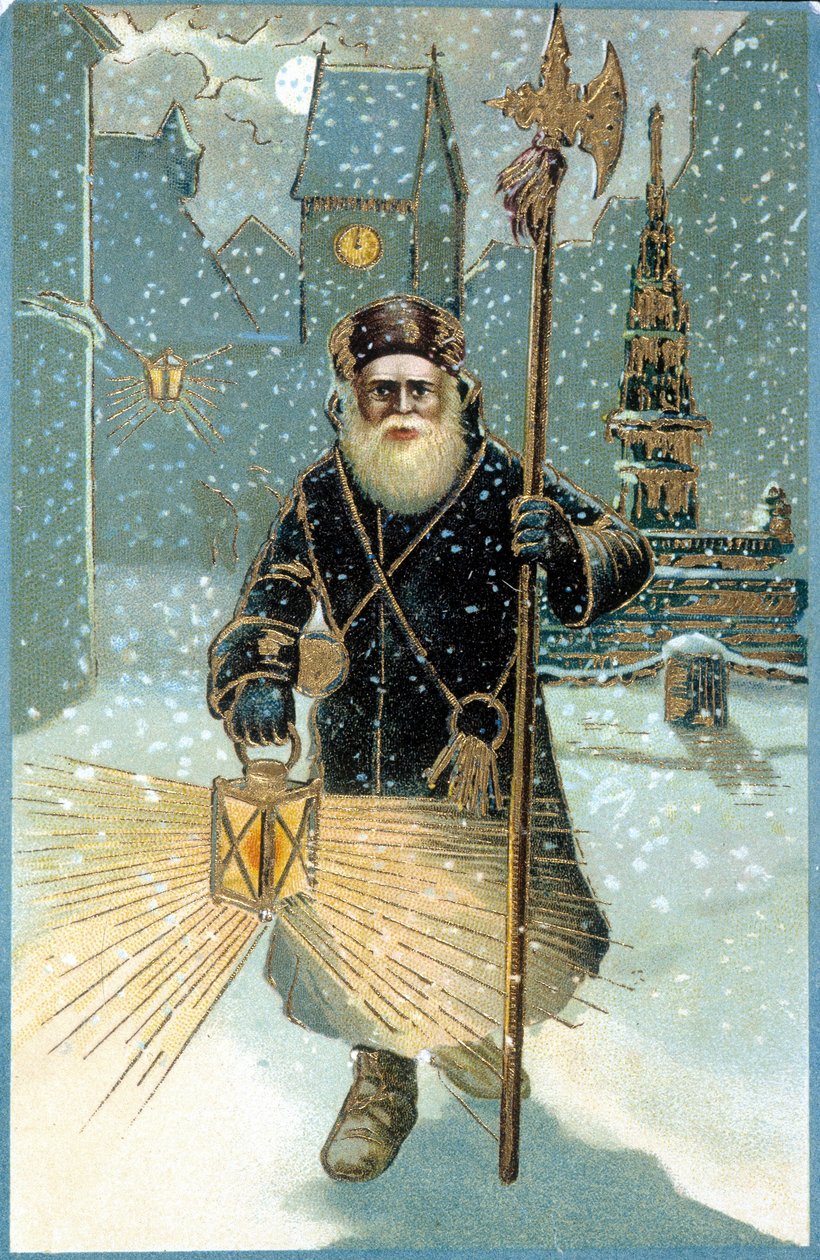 Papá Noel en la noche con linterna. Postal del siglo XIX de Unknown artist