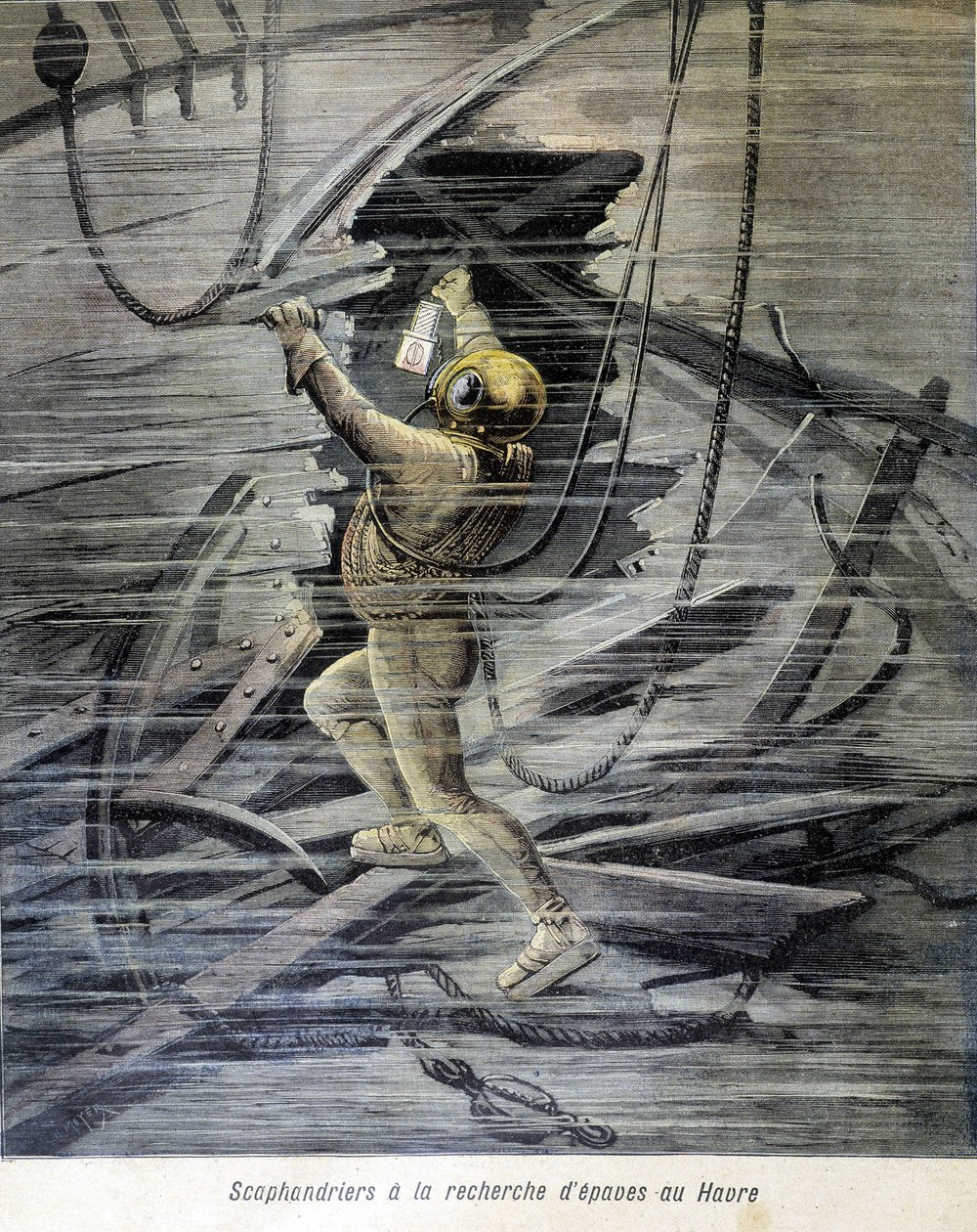 Buceador buscando naufragios en Le Havre. Ilustración del “Petity Journal” de 1892. de Unknown artist