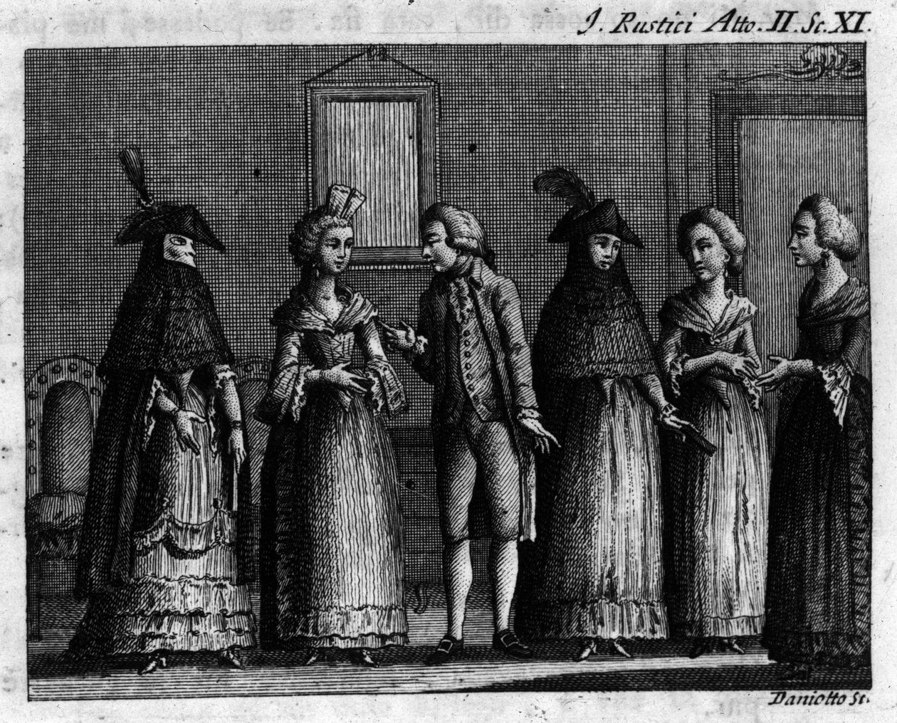 Escena 11 del Acto II de la pieza cómica “I rustici” (Los rústicos) (1760) de Carlo Goldoni (1707-1793). Grabado del siglo XVIII de Unknown artist
