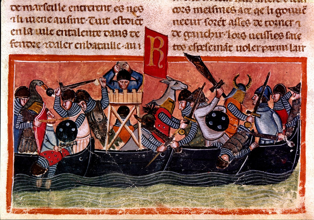 Escena de batalla naval. Miniatura de un códice francés en pergamino “Hechos de los Romanos” que narra la historia antigua hasta Julio César. Siglo XIII. Venecia, biblioteca Marciana de Unknown artist