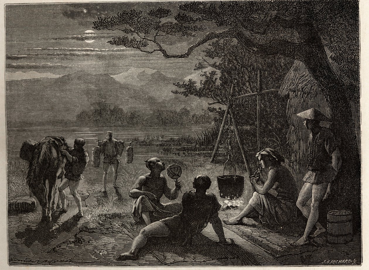 Escena de descanso en el campo, a la luz de la luna, se colocan esteras en el suelo después del día de trabajo. Grabado para ilustrar el viaje a Japón en 1863-1864, por Aime Humbert, ministro de la Confederación Suiza, en “Le tour du monde, nouveau journal de Unknown artist