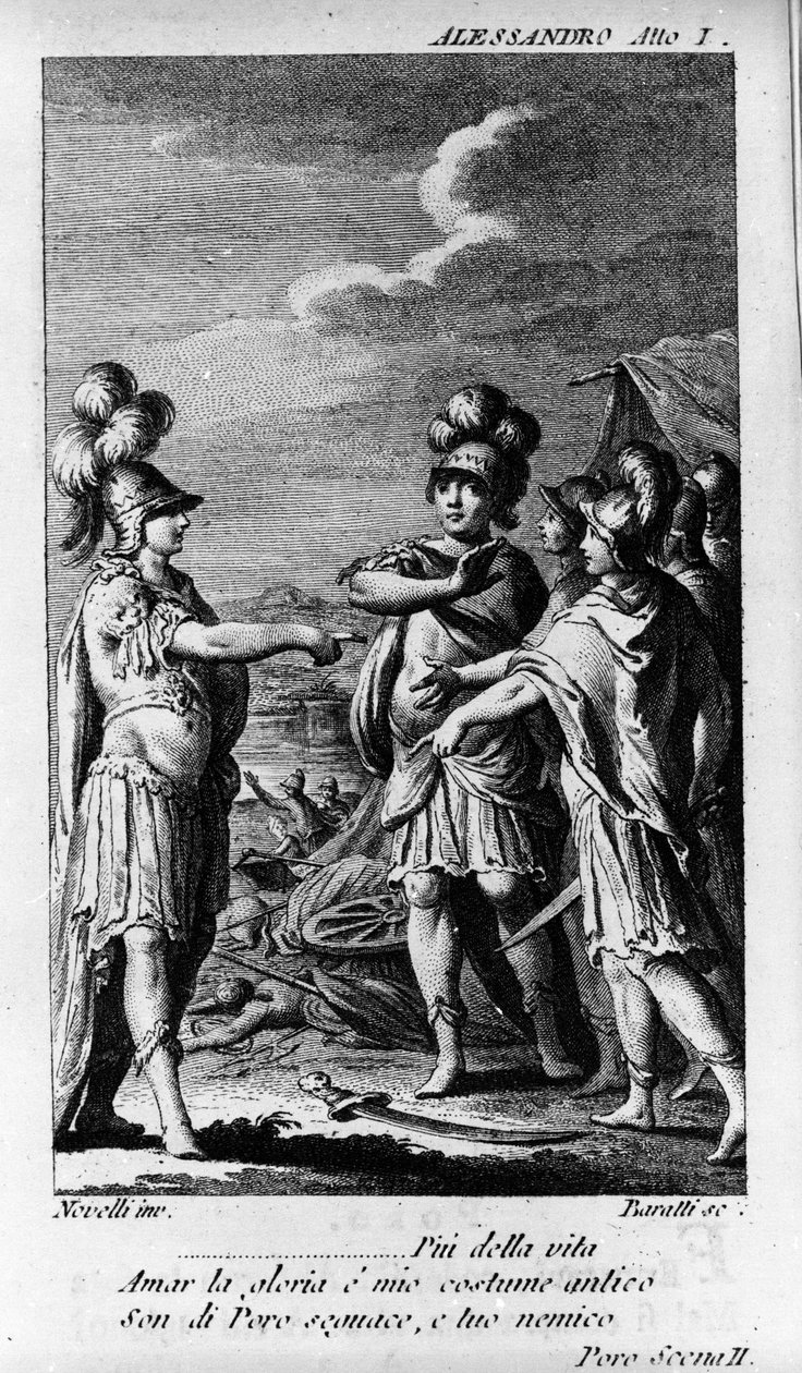 Escena del primer acto de Alexandre aux Indes (Alessandro nelle Indie), ópera del compositor Niccolo Vito Piccinni (1728-1800) (1758) después de un libreto de Pietro Metastasio. Grabado de finales del siglo XVIII de Unknown artist