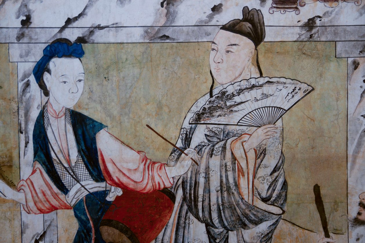 Escenas de la vida cotidiana en China (detalle del papel tapiz chino, gabinete chino, residencia de caza, por Filippo Juvarra, Stupinigi, Piamonte, Italia) de Unknown artist