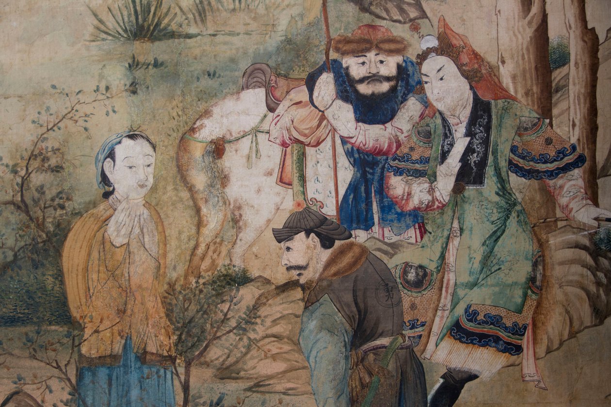Escenas de la vida cotidiana en China (detalle del papel tapiz chino, gabinete chino, residencia de caza, por Filippo Juvarra, Stupinigi, Piamonte, Italia) de Unknown artist