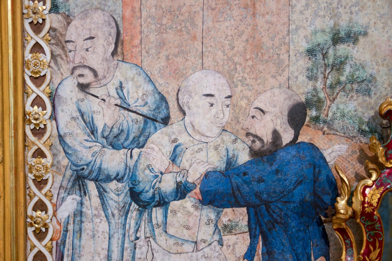 Escenas de la vida cotidiana en China, (detalle) del papel tapiz chino, gabinete chino, residencia de caza, por Filippo Juvarra (1678-1736), Stupinigi, Piamonte, Italia de Unknown artist
