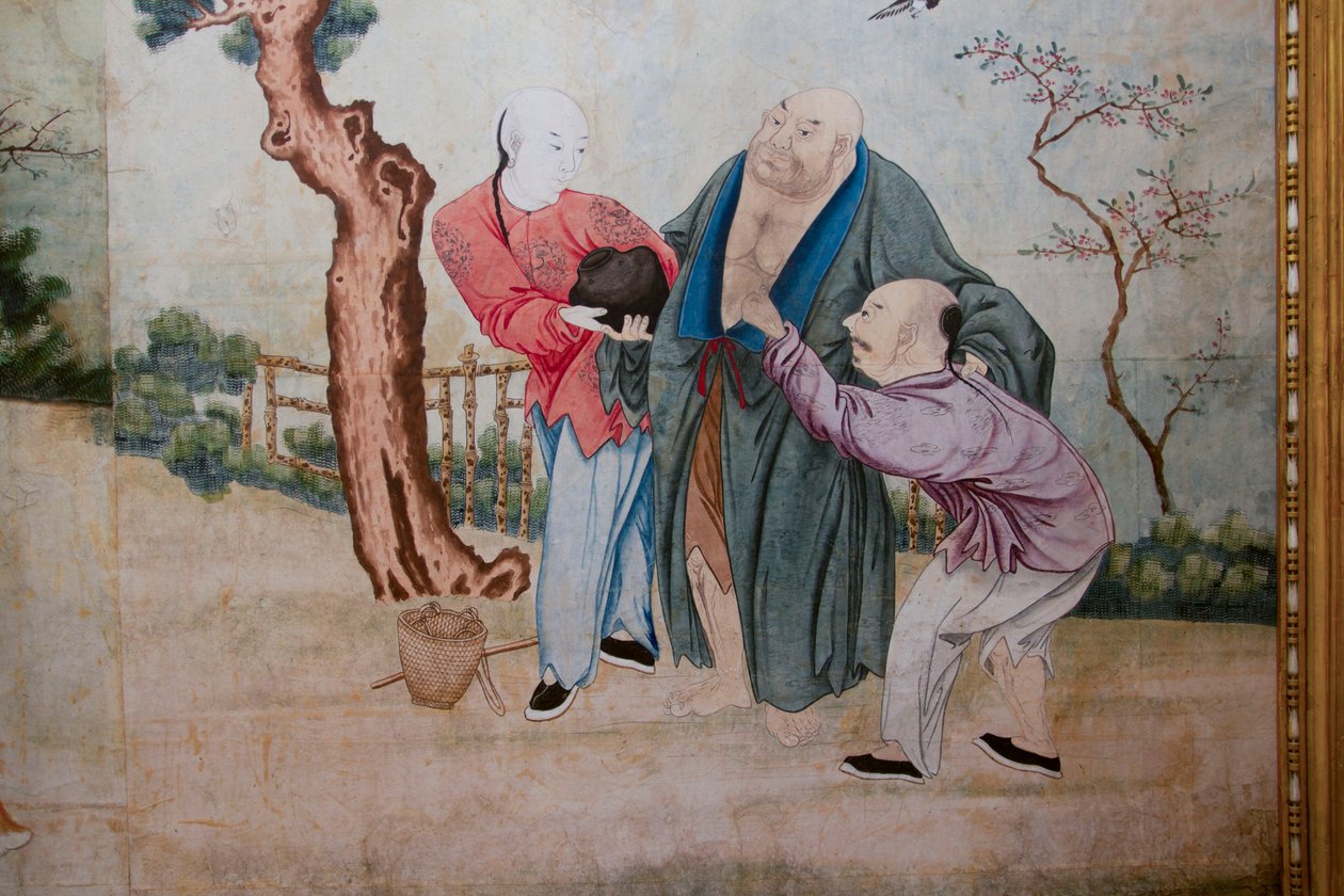Escenas de la vida cotidiana en China (detalle del papel pintado chino, gabinete chino, residencia de caza, por Filippo Juvarra, 1678-1736, Stupinigi, Piamonte, Italia) de Unknown artist