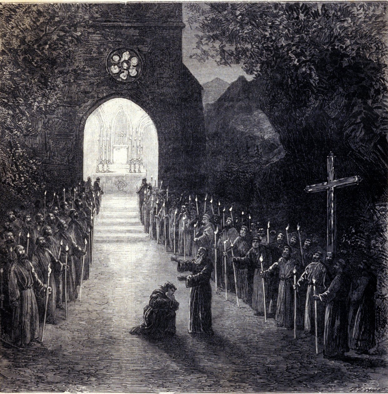 Escenografía para la última escena del Acto II de la ópera “La forza del destino” (La fuerza del destino) del compositor italiano Giuseppe Verdi (1813-1901) para la representación en la Ópera de París de Unknown artist