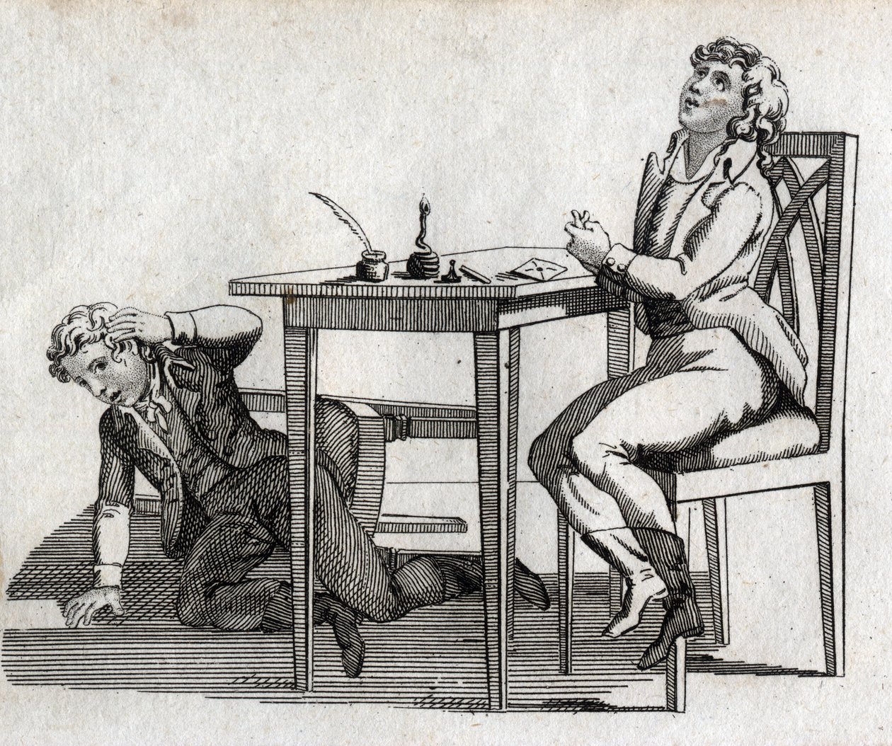 Escolares con una mesa con tintero. Grabado finales del siglo XVIII. Colección privada. de Unknown artist