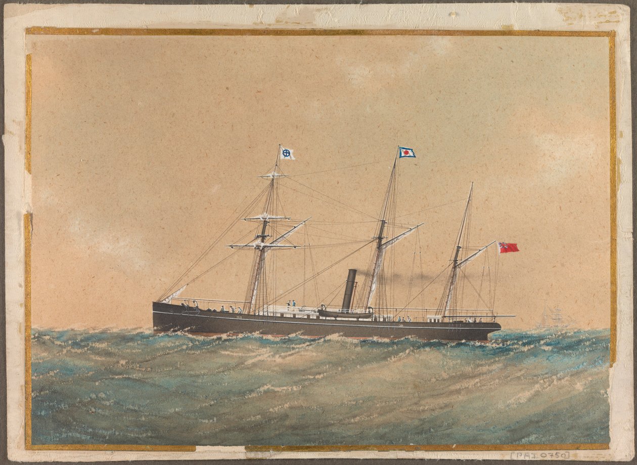 Barco de vapor de hélice con bandera de Satsuma, probablemente "Lotus", principios del siglo XIX (acuarela) de Unknown artist