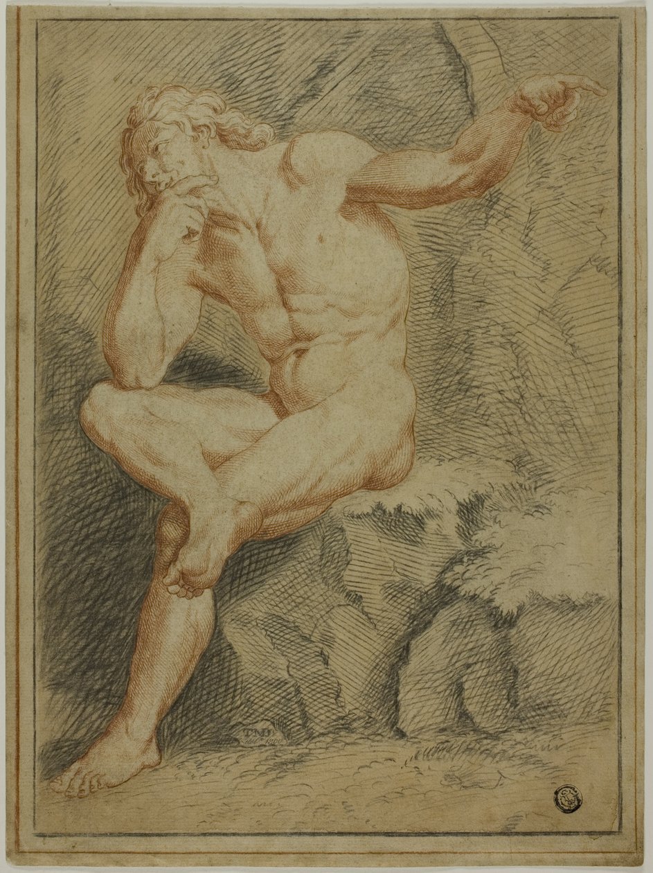 Desnudo masculino sentado señalando con la mano izquierda de Unknown artist