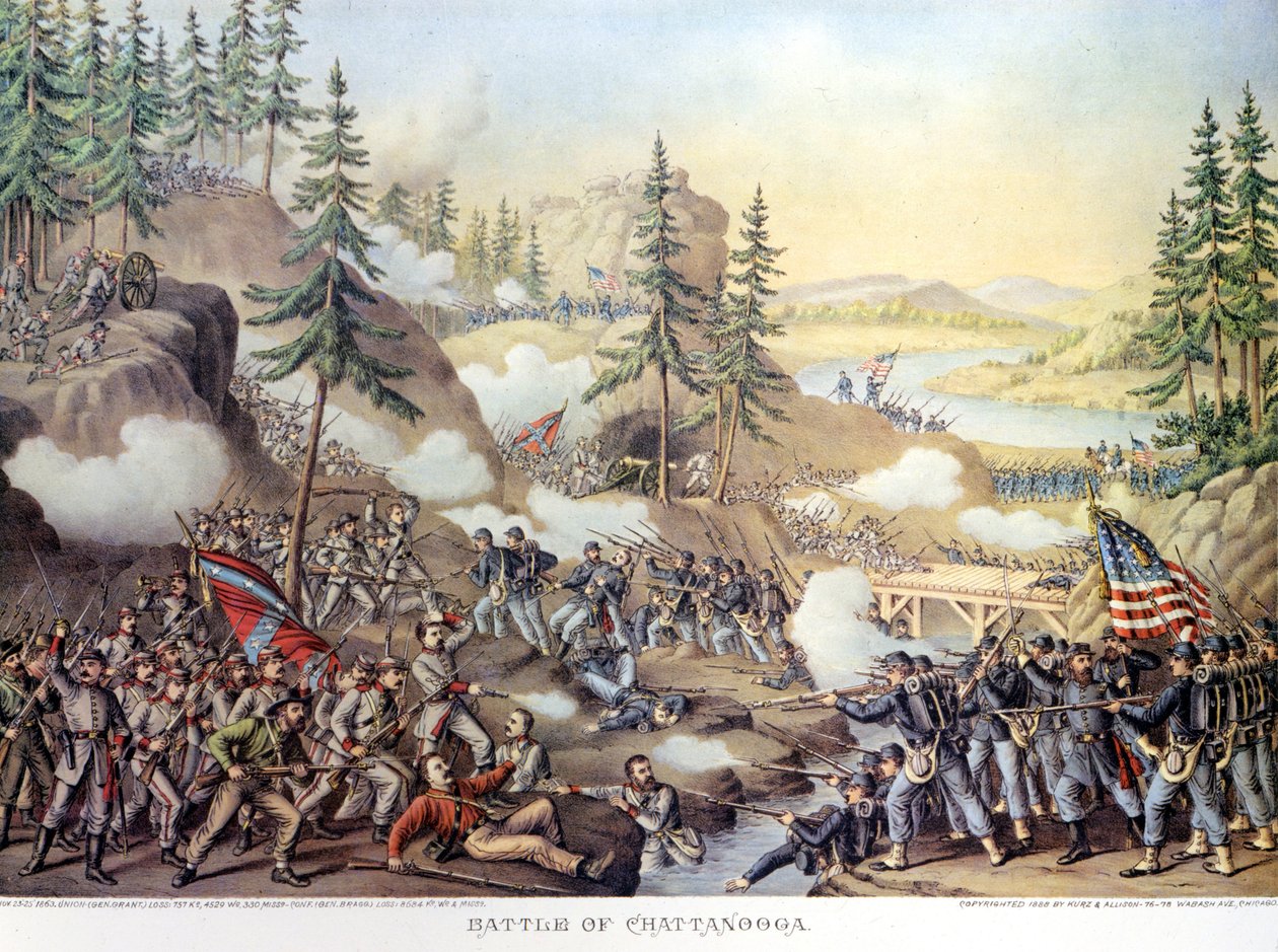 Guerra de Secesión (1861 - 1865) o Guerra Civil Americana: 24-25/11/1863: después de dos días de batalla en Chattanooga, Tennessee, victoria del Ejército del Norte comandado por el General Rosecrans. Grabado de Unknown artist