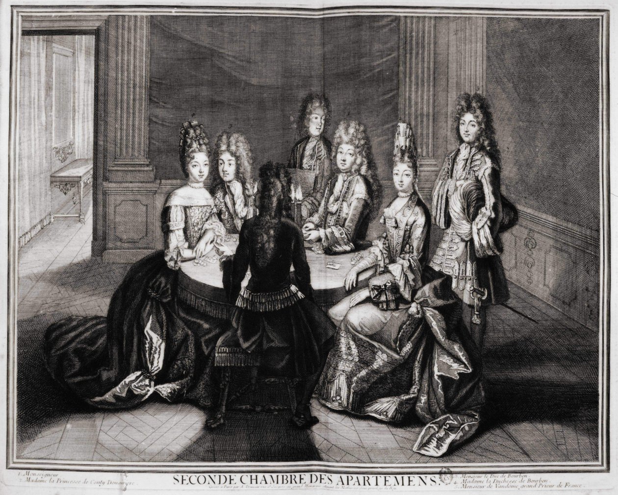 Segunda Sala de los Apartamentos (Versalles): 1. Monseñor, 2. Madame Princesa de Conty Viuda, 3. Monsieur el Duque de Borbón, 4. Madame la Duquesa de Borbón, 5. Monsieur de Vendôme, Gran Prior de Francia. Grabado de Trouvain, principios del siglo XVIII de Unknown artist